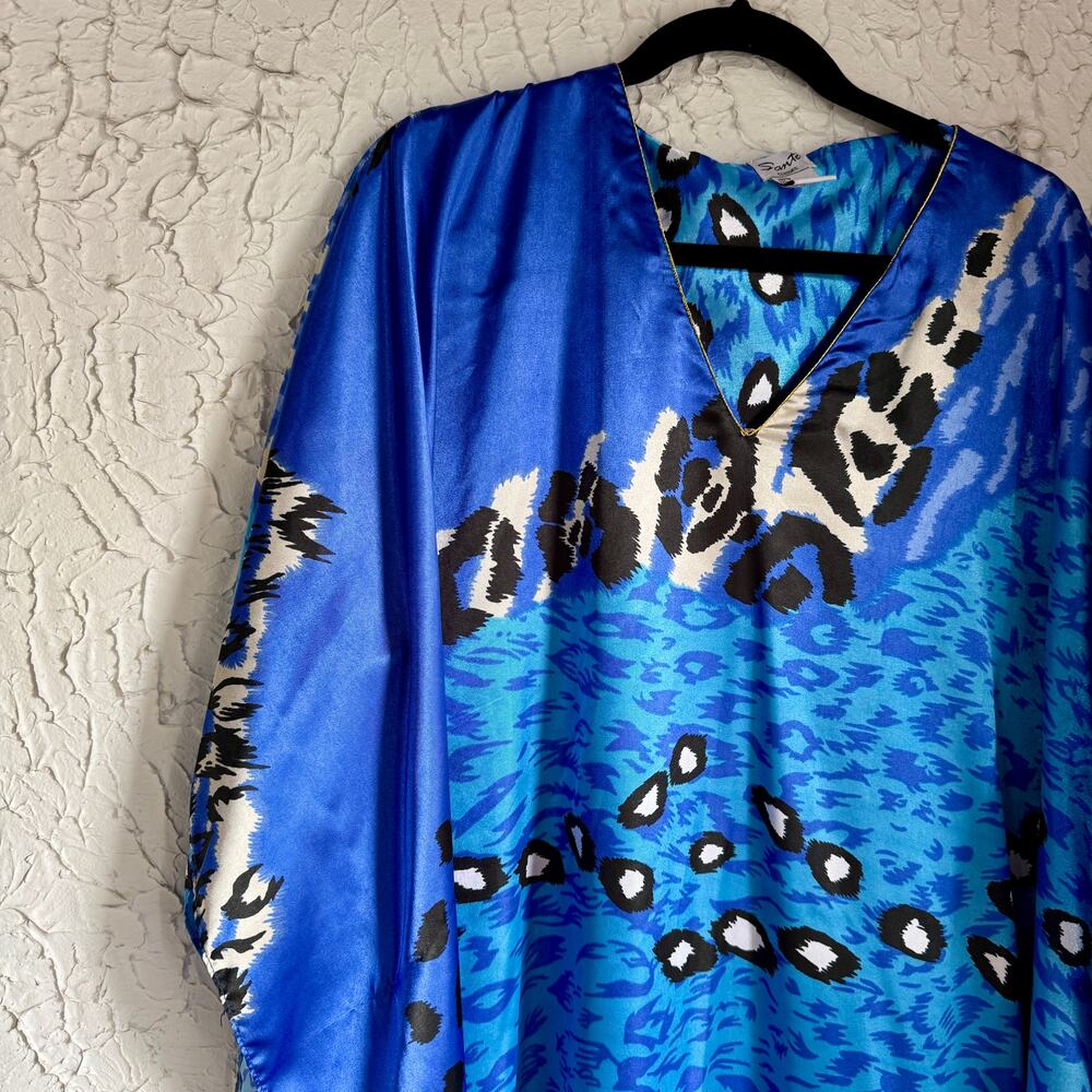 Blue Abstract Kaftan Maxi Dress One Size Boho Resort Cover Up - Picture 3 of 8